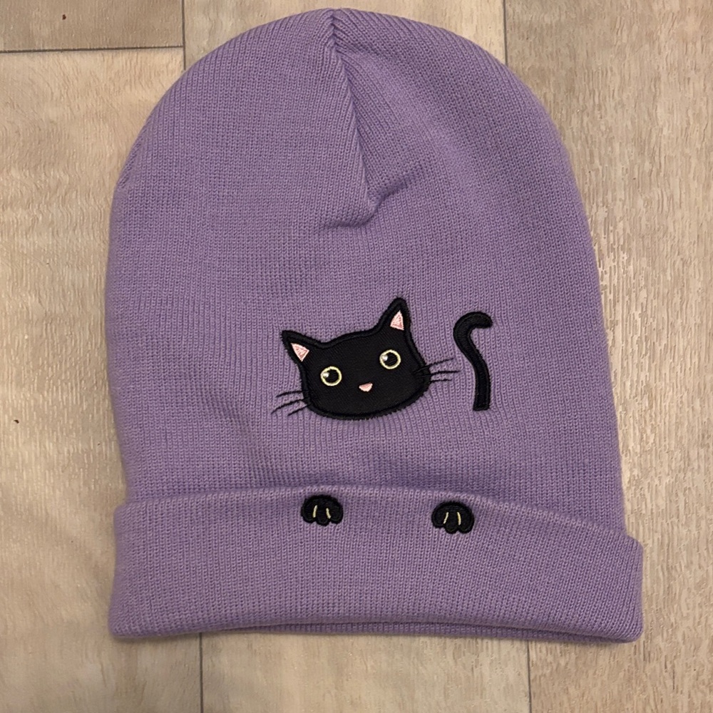 Purple Beanie with Black Cat Design